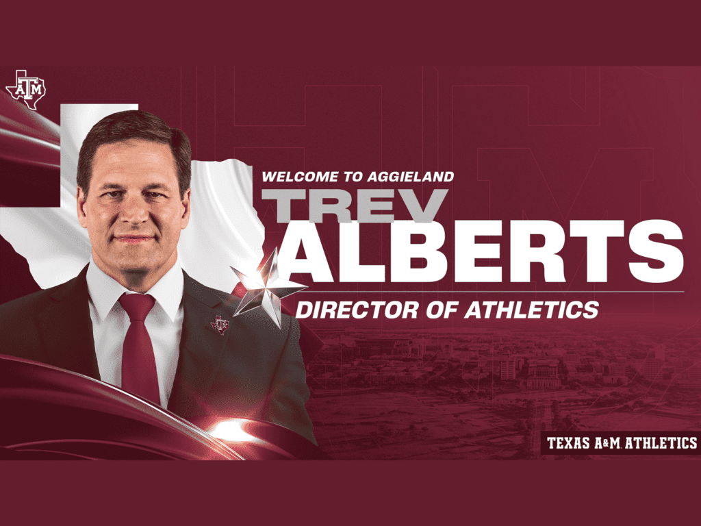 A graphic showing Trev Alberts with a maroon background and an aerial view of the Texas A&M University campus.