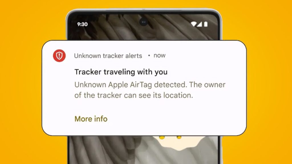 An Android phone on an orange background showing a Find My Device tracking alert