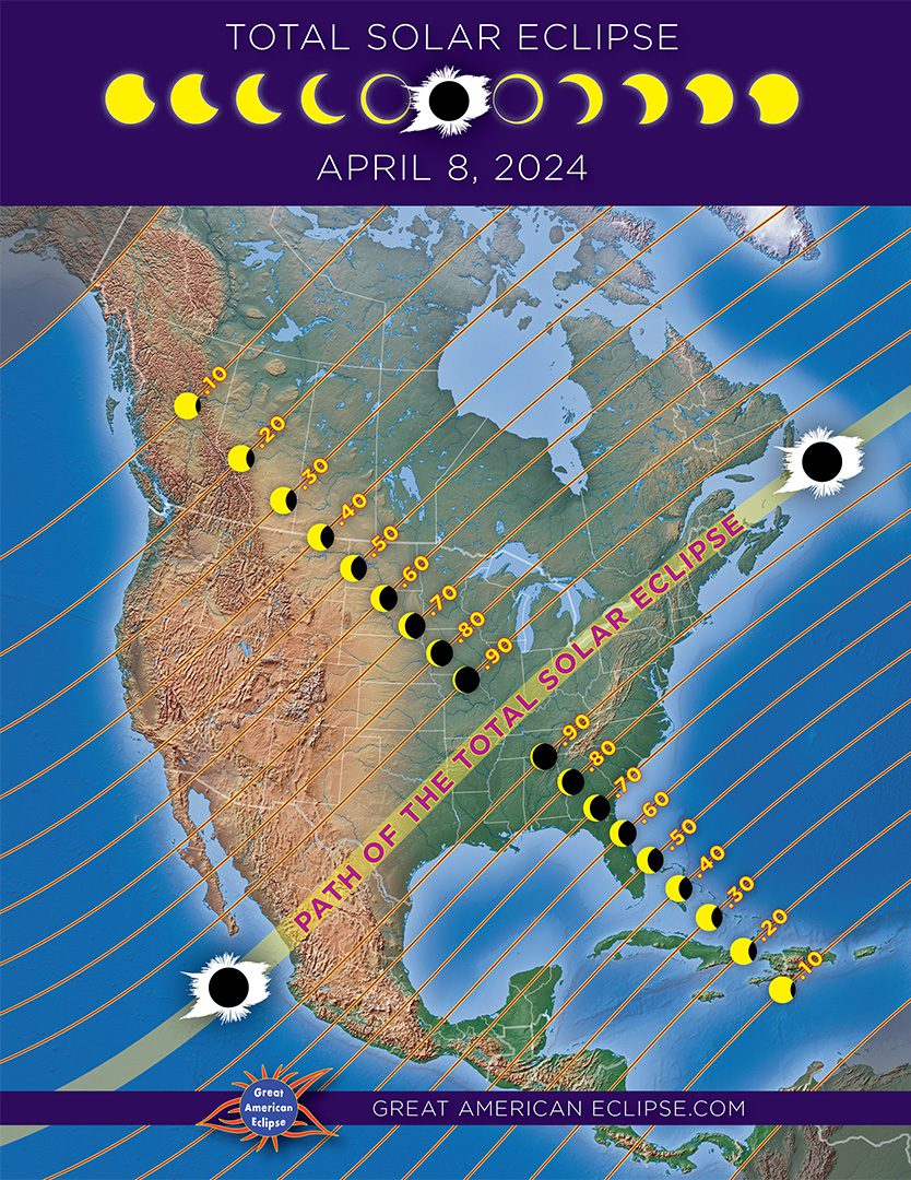 Mappa della copertura dell'eclissi totale e parziale in tutto il Nord America l'8 aprile 2024.