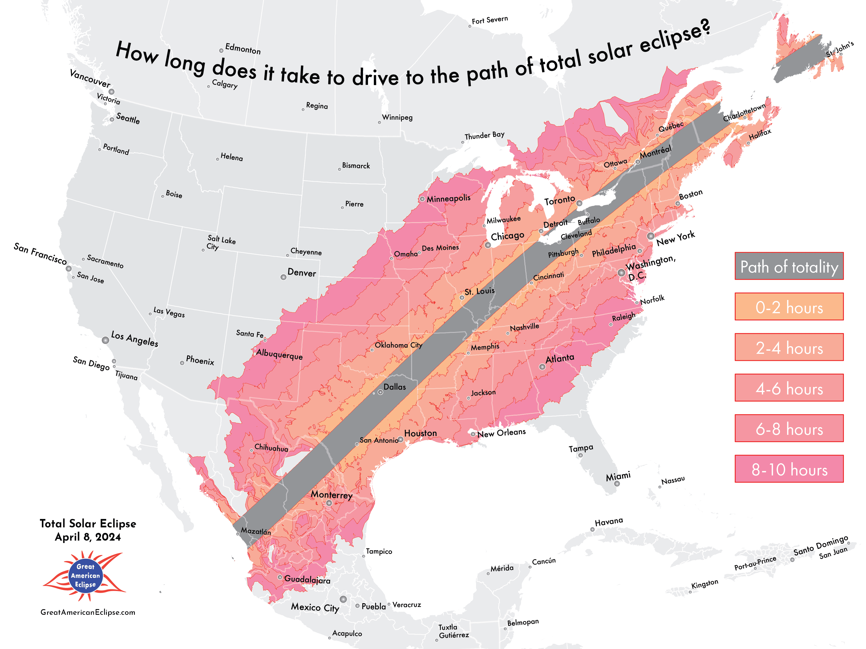 Mappa di viaggio che mostra le distanze in auto fino al percorso dell'eclissi totale dell'8 aprile 2024