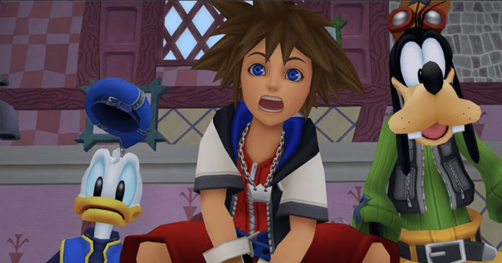 Screenshot from Kingdom Hearts featuring Donald, Sora, and Goofy in Wonderland.